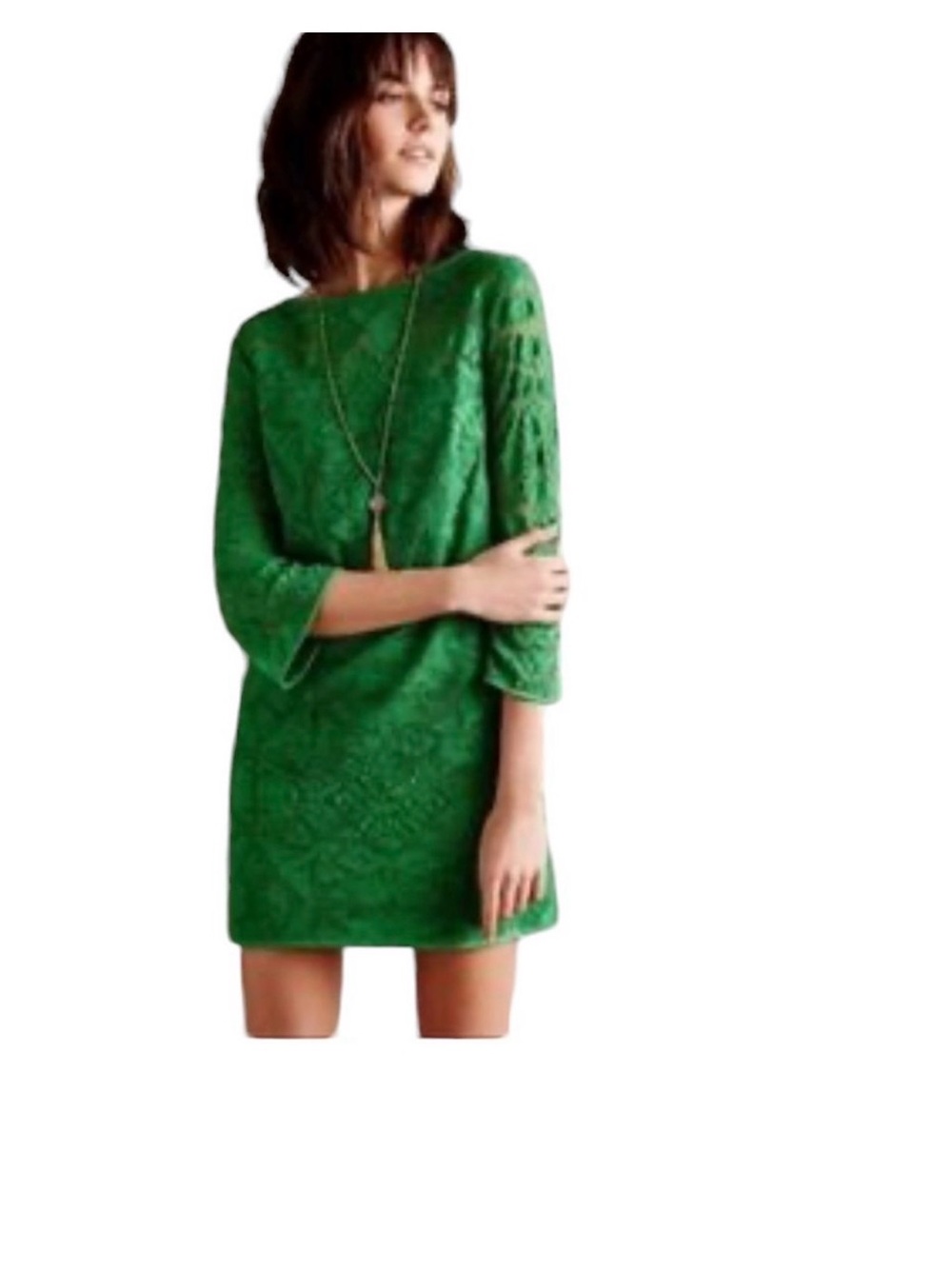 Anthropologie 4c Geometric Lace Shift Mini Dress, 3/4 Sleeves, Kelly Green, 6